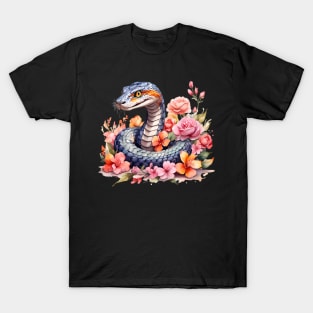 A snake decorated with beautiful watercolor flowers T-Shirt